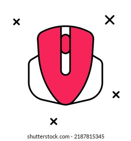 Esquema relleno Icono de juego del ratón del ordenador aislado en fondo blanco. Óptico con el símbolo de la rueda.  Vector