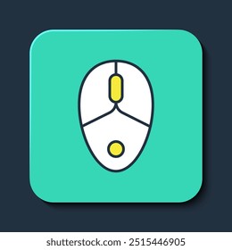 Contorno preenchido Ícone de jogo do mouse do computador isolado no fundo azul. Óptico com símbolo de roda. Botão quadrado turquesa. Vetor