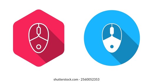 Filled and outline Computer mouse gaming icon isolated with long shadow background. Optical with wheel symbol.  Vector