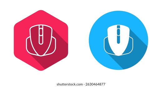 Filled and outline Computer mouse gaming icon isolated with long shadow background. Optical with wheel symbol.  Vector