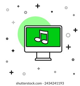 Borde relleno Equipo con el símbolo de la nota musical en la pantalla icono aislado sobre fondo blanco.  Vector
