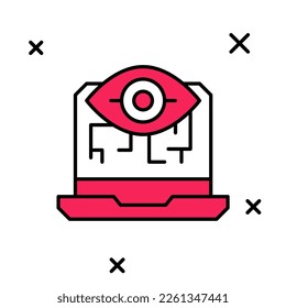Esquema relleno Icono de visión informática aislado en fondo blanco. Visión técnica, circuito ocular, sistema de videovigilancia, sistemas de realidad aumentada.  Vector