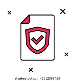 Contorno preenchido Contrato com ícone de escudo isolado no fundo branco. Conceito de seguro. Segurança, segurança, proteção, conceito de proteção.  Vetor