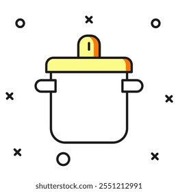 Gefüllte Umrisse Kochtopf-Symbol einzeln auf weißem Hintergrund. Symbol für kochendes oder eintopfendes Essen. Flach ausgefüllter Umrissstil mit Schatten. Vektorgrafik