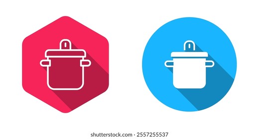 Filled and outline Cooking pot icon isolated with long shadow background. Boil or stew food symbol.  Vector