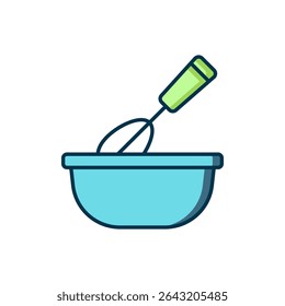 Filled outline Cooking whisk with bowl icon isolated on white background. Cooking utensil, egg beater. Cutlery sign. Food mix symbol. Flat filled outline style with shadow. Vector