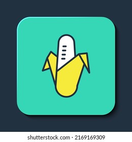 Icono de maíz con contorno relleno aislado en fondo azul. Botón cuadrado turquesa. Vector