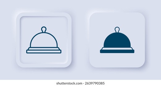 Filled and outline Covered with a tray of food icon isolated on grey background. Tray and lid sign. Restaurant cloche with lid. Square button. Vector
