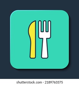 Esbozo relleno Cuchillo cruzado e icono de horquilla aislado en fondo azul. Símbolo de cubiertos. Botón cuadrado turquesa. Vector