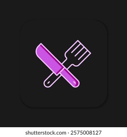 Filled outline Crossed knife and fork icon isolated on black background. Cutlery symbol. Flat filled outline style with shadow. Vector