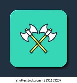 Filled outline Crossed medieval axes icon isolated on blue background. Battle axe, executioner axe. Medieval weapon. Turquoise square button. Vector