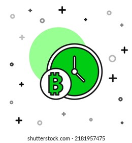 Filled outline Cryptocurrency coin Bitcoin with clock icon isolated on white background. Physical bit coin. Blockchain based secure crypto currency.  Vector