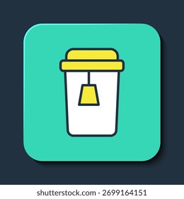 Taza llena del icono del té aislado en el fondo azul. Botón cuadrado turquesa. Vector