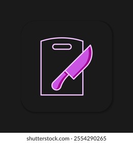 Filled outline Cutting board and knife icon isolated on black background. Chopping Board symbol. Cutlery symbol. Flat filled outline style with shadow. Vector