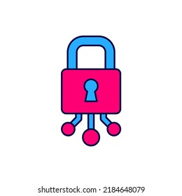 Esquema relleno Icono de ciberseguridad aislado en fondo blanco. Cerradura cerrada en la tarjeta de circuito digital. Concepto de seguridad. Protección digital de datos.  Vector