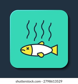 Filled outline Dead fish icon isolated on blue background. Rotten fish. Turquoise square button. Vector