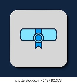 Filled outline Decree, paper, parchment, scroll icon icon isolated on blue background.  Vector