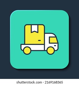 Filled outline Delivery cargo truck vehicle icon isolated on blue background. Turquoise square button. Vector