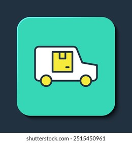 Filled outline Delivery cargo truck vehicle icon isolated on blue background. Turquoise square button. Vector