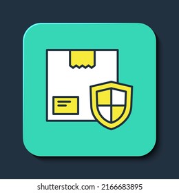 Filled outline Delivery security with shield icon isolated on blue background. Delivery insurance. Insured cardboard boxes beyond the shield. Turquoise square button. Vector