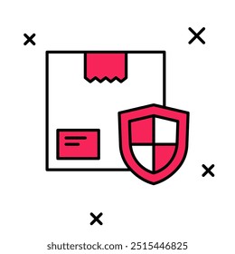Gefüllte Kontur Liefersicherheit mit Schild-Symbol einzeln auf weißem Hintergrund. Lieferversicherung. Versicherte Kartons hinter dem Schild.  Vektorgrafik