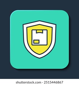 Filled outline Delivery security with shield icon isolated on blue background. Delivery insurance. Insured cardboard boxes beyond the shield. Turquoise square button. Vector
