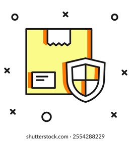 Filled outline Delivery security with shield icon isolated on white background. Delivery insurance. Insured cardboard boxes beyond the shield. Flat filled outline style with shadow. Vector