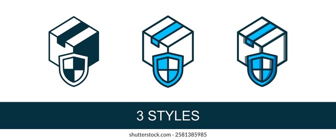 Filled outline Delivery security with shield icon isolated on white background. Delivery insurance. Insured cardboard boxes beyond the shield.  Vector