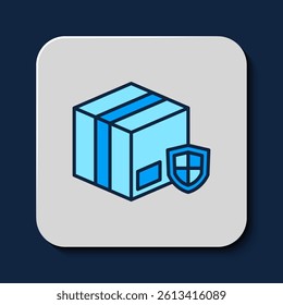 Filled outline Delivery security with shield icon isolated on blue background. Delivery insurance. Insured cardboard boxes beyond the shield.  Vector