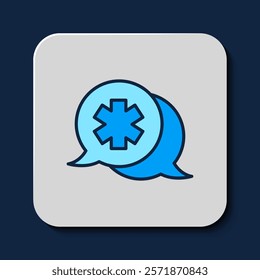 Filled outline Dialogue with the doctor icon isolated on blue background. Doctor and patient dialog. Consulting about medical health services.  Vector