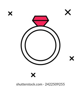 Símbolo relleno Icono del anillo de compromiso de diamantes aislado en fondo blanco.  Vector