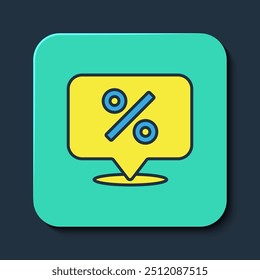 Filled outline Discount percent tag icon isolated on blue background. Shopping tag sign. Special offer sign. Discount coupons symbol. Turquoise square button. Vector