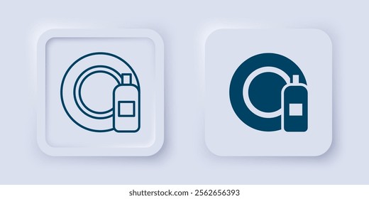 Filled and outline Dishwashing liquid bottle and plate icon isolated on grey background. Liquid detergent for washing dishes. Square button. Vector