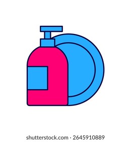 Filled outline Dishwashing liquid bottle and plate icon isolated on white background. Liquid detergent for washing dishes.  Vector