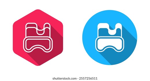 Filled and outline Diving mask icon isolated with long shadow background. Extreme sport. Diving underwater equipment.  Vector