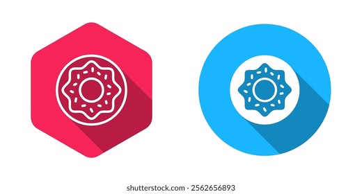Filled and outline Donut with sweet glaze icon isolated with long shadow background.  Vector