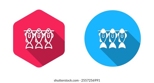 Filled and outline Dried fish icon isolated with long shadow background.  Vector