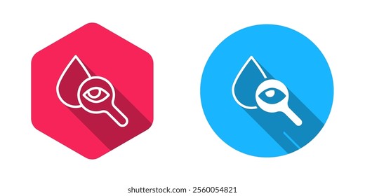 Filled and outline Drop and magnifying glass icon isolated with long shadow background.  Vector