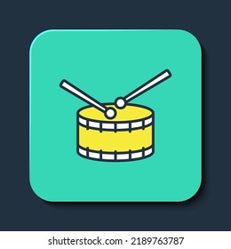 Filled outline Drum with drum sticks icon isolated on blue background. Music sign. Musical instrument symbol. Turquoise square button. Vector