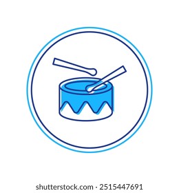 Filled outline Drum with drum sticks icon isolated on white background. Music sign. Musical instrument symbol.  Vector