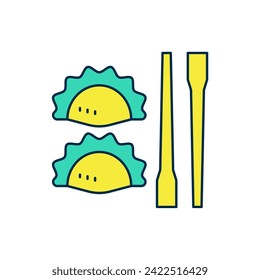 Filled outline Dumpling with chopsticks icon isolated on white background. Traditional chinese dish.  Vector