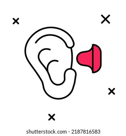 Filled outline Earplugs and ear icon isolated on white background. Ear plug sign. Noise symbol. Sleeping quality concept.  Vector