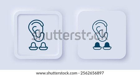 Filled and outline Earplugs and ear icon isolated on grey background. Ear plug sign. Noise symbol. Sleeping quality concept. Square button. Vector