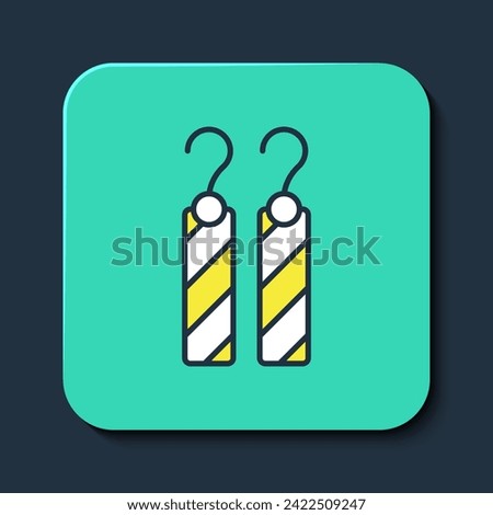 Filled outline Earrings icon isolated on blue background. Jewelry accessories. Turquoise square button. Vector