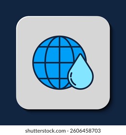 Filled outline Earth planet in water drop icon isolated on blue background. World globe. Saving water and world environmental protection.  Vector