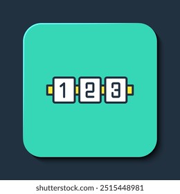 Juego de lógica de Educación de contorno lleno para el icono de los niños preescolares aislado sobre fondo azul. Hoja de actividades para niños. Cuenta el número de cubos. Botón cuadrado turquesa. Vector