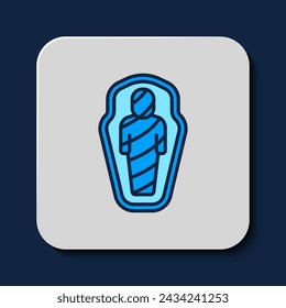 Filled outline Egypt mummy in sarcophagus icon isolated on blue background.  Vector