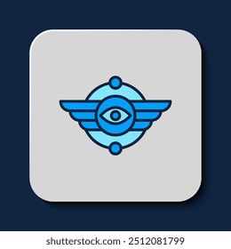 Símbolo egipcio de contorno lleno Icono de sol alado aislado sobre fondo azul.  Vector