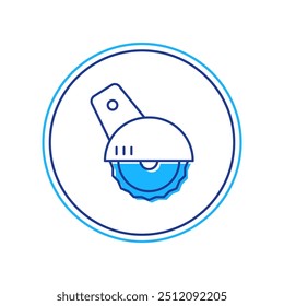 Filled outline Electric circular saw with steel toothed disc icon isolated on white background. Electric hand tool for cutting wood or metal.  Vector