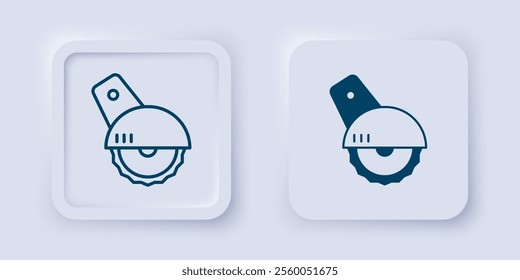 Filled and outline Electric circular saw with steel toothed disc icon isolated on grey background. Electric hand tool for cutting wood or metal. Square button. Vector